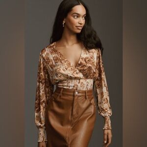 Anthropologie Brown Floral Wrap Blouse